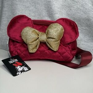 🆕 Disney's Minnie Mouse Red Velvet & Gold 3D Bow & Ears Fanny Pack Travel Bag